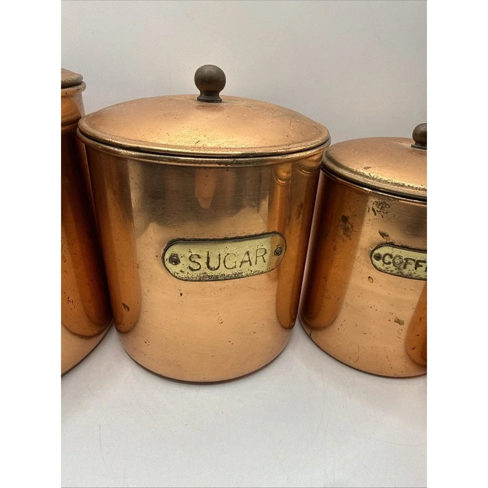 MCM Copper & Brass Vintage Canisters Patina Nesting Set 4 Flour/Sugar/Coffee/Tea